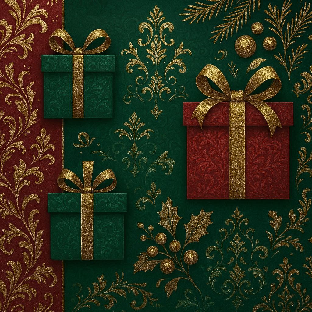 Create a holiday card design with Bing and show a luxurious holiday card in deep tones such as gold, emerald, or dark red. Add elegant patterns, shimmering details, and gift shapes. No text. Sophisticated and full of festive atmosphere.